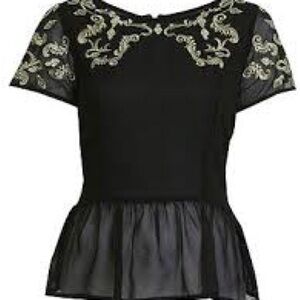 Do & Be Black Peplum Mesh Top w/ Gold Embroidery